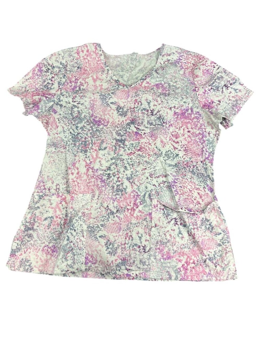 Scrubstar Womens Pink Gray Abstract Print V-Neck Short Sleeve Scrub Top Size M